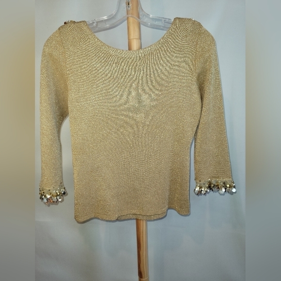 Vintage Joseph A.  Quest-ce que "est silk" gold top gold sequins Medium Sweater - Picture 5 of 7